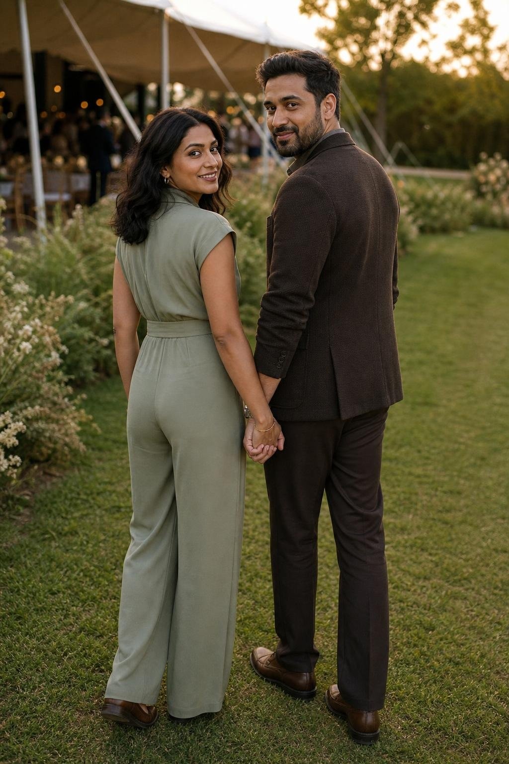 Sage green jumpsuit with espresso knit blazer, brown loafers, outdoor wedding lawn mood (option 2)