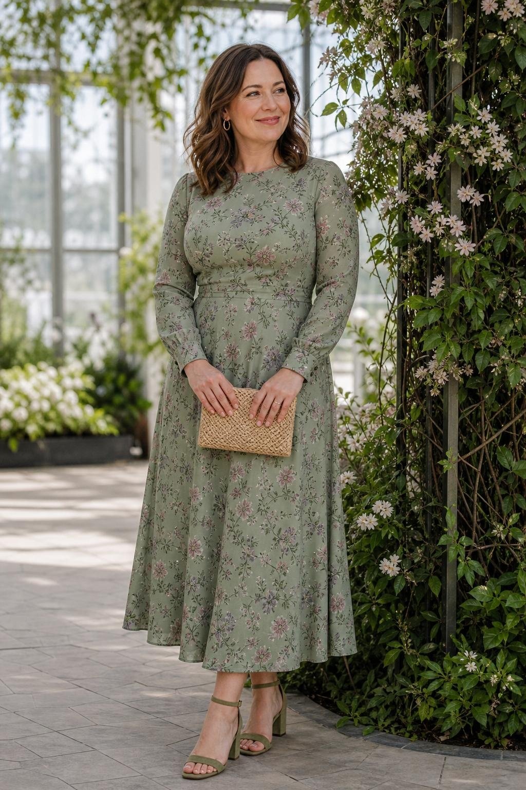 Sage green long-sleeve floral midi dress, woven clutch, airy botanical garden ceremony (option 2)