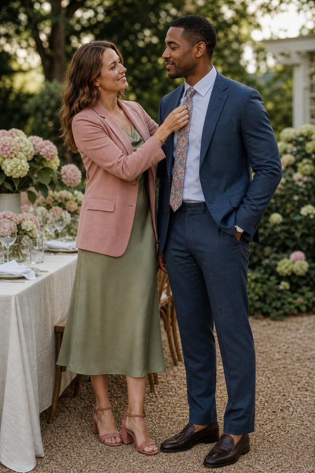 sage green midi dress with dusty rose blazer and floral tie in a garden party setting (option 2)