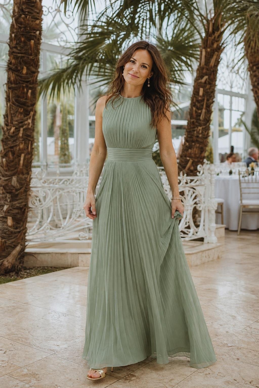 Sage green pleated gown, pearl earrings, soft gold heels, airy conservatory wedding (option 2)
