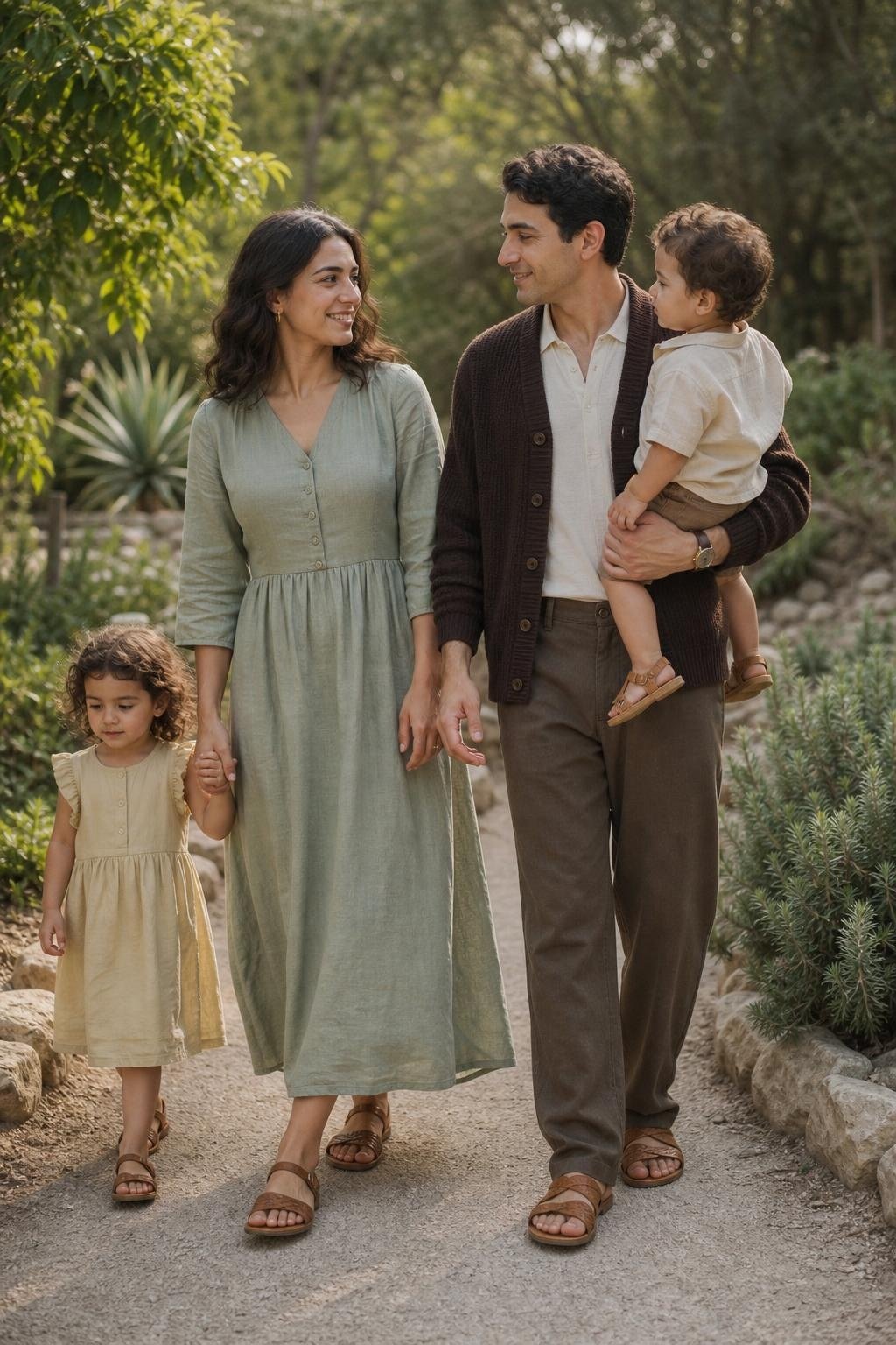 Sage linen dress, deep brown knit, cream shirt, woven sandals, garden path with soft greenery (option 2)