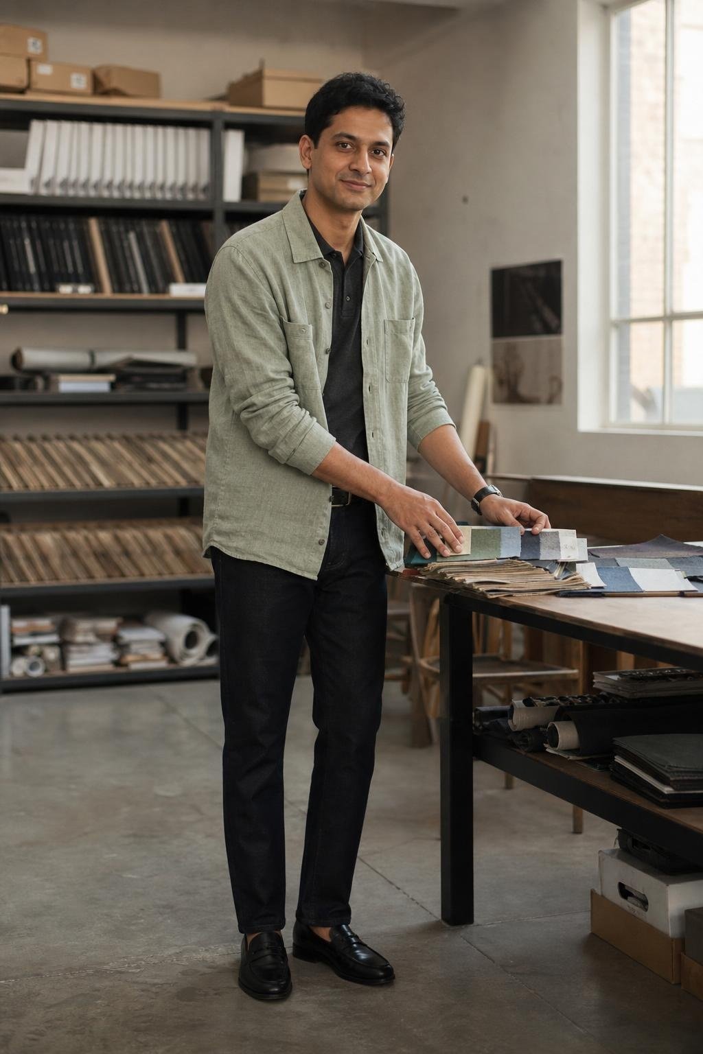 Sage linen overshirt, charcoal knit polo, dark denim trousers, black loafers, casual design studio (option 1)