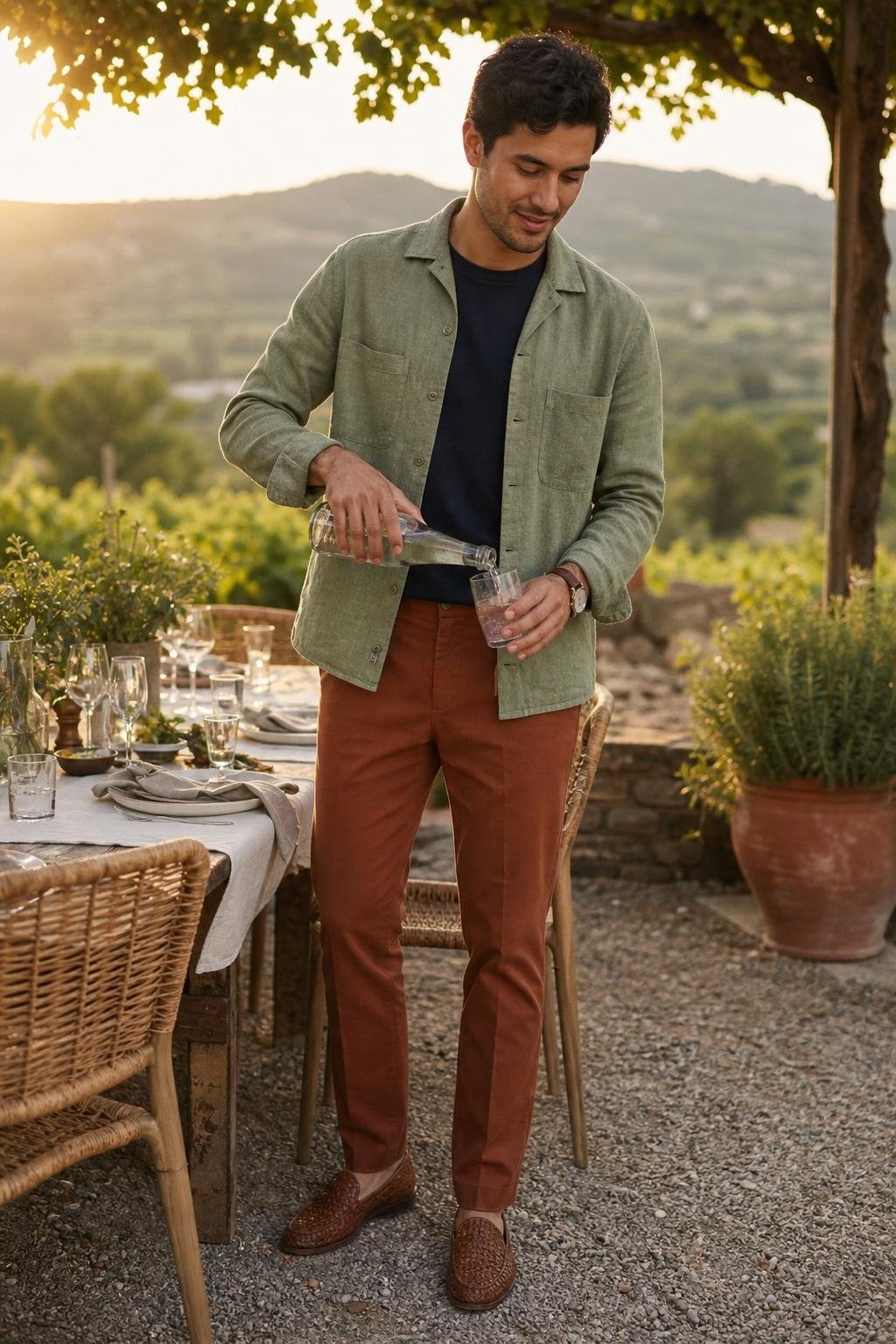 Sage linen overshirt, navy tee, rust chinos, brown woven loafers, warm-weather outdoor dinner scene (option 2)