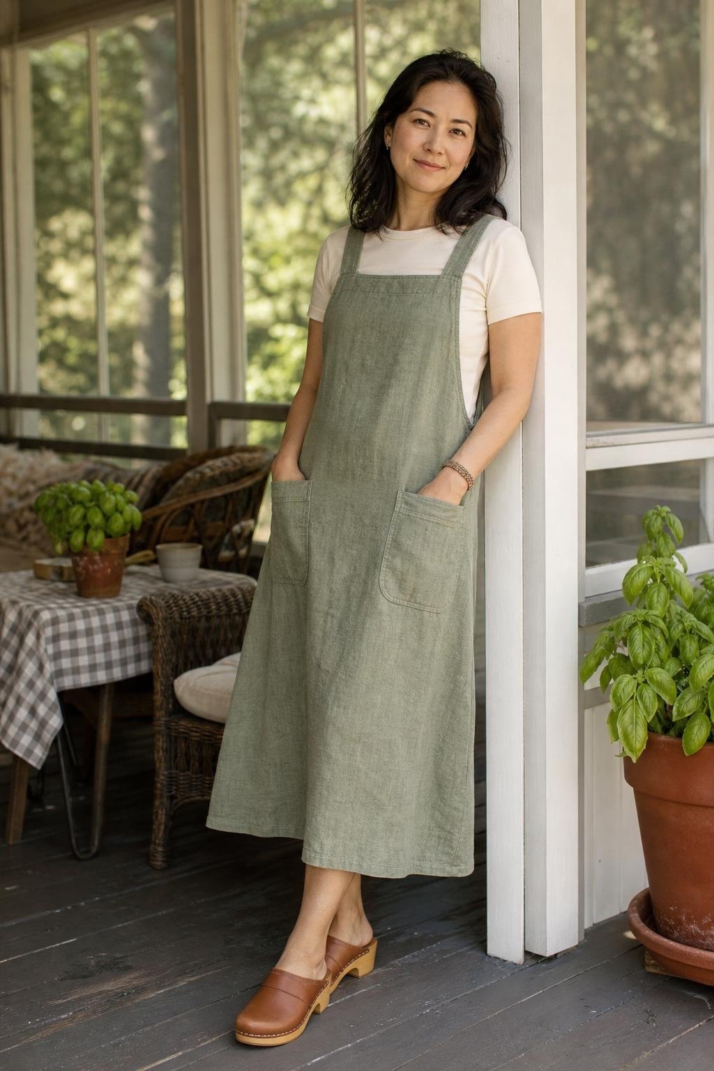 Sage linen pinafore dress layered over cream cotton tee with clogs on a porch, practical cottage morning vibe (option 2)
