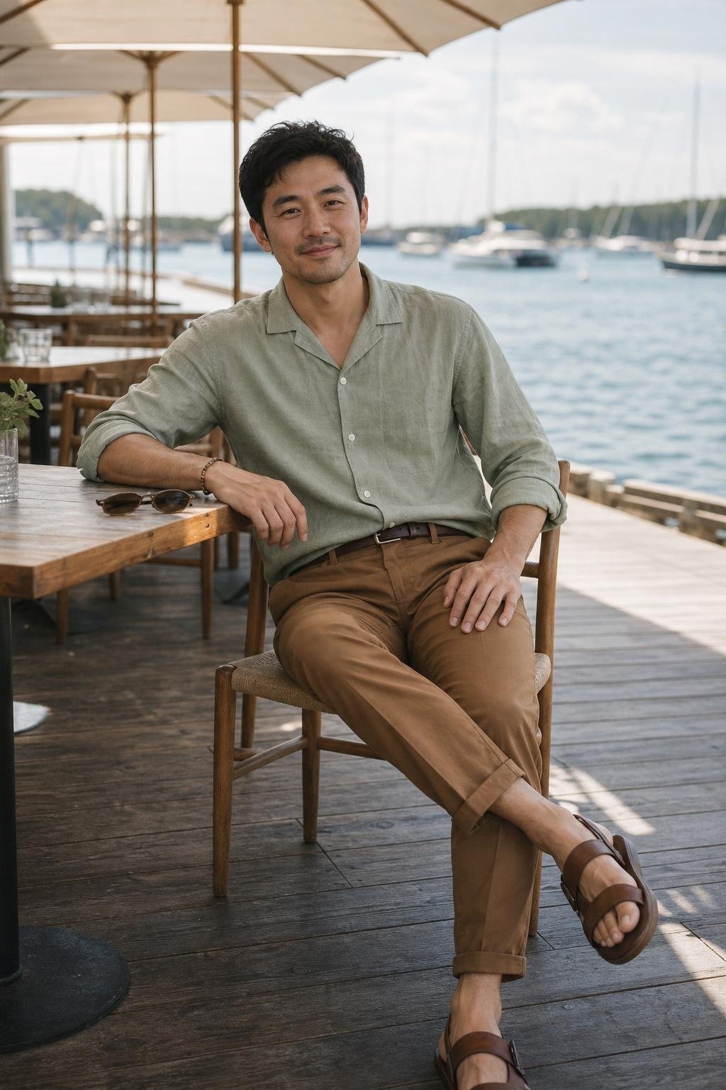 Sage linen shirt, tobacco brown chinos, leather sandals, waterfront lunch date with breezy relaxed mood (option 2)