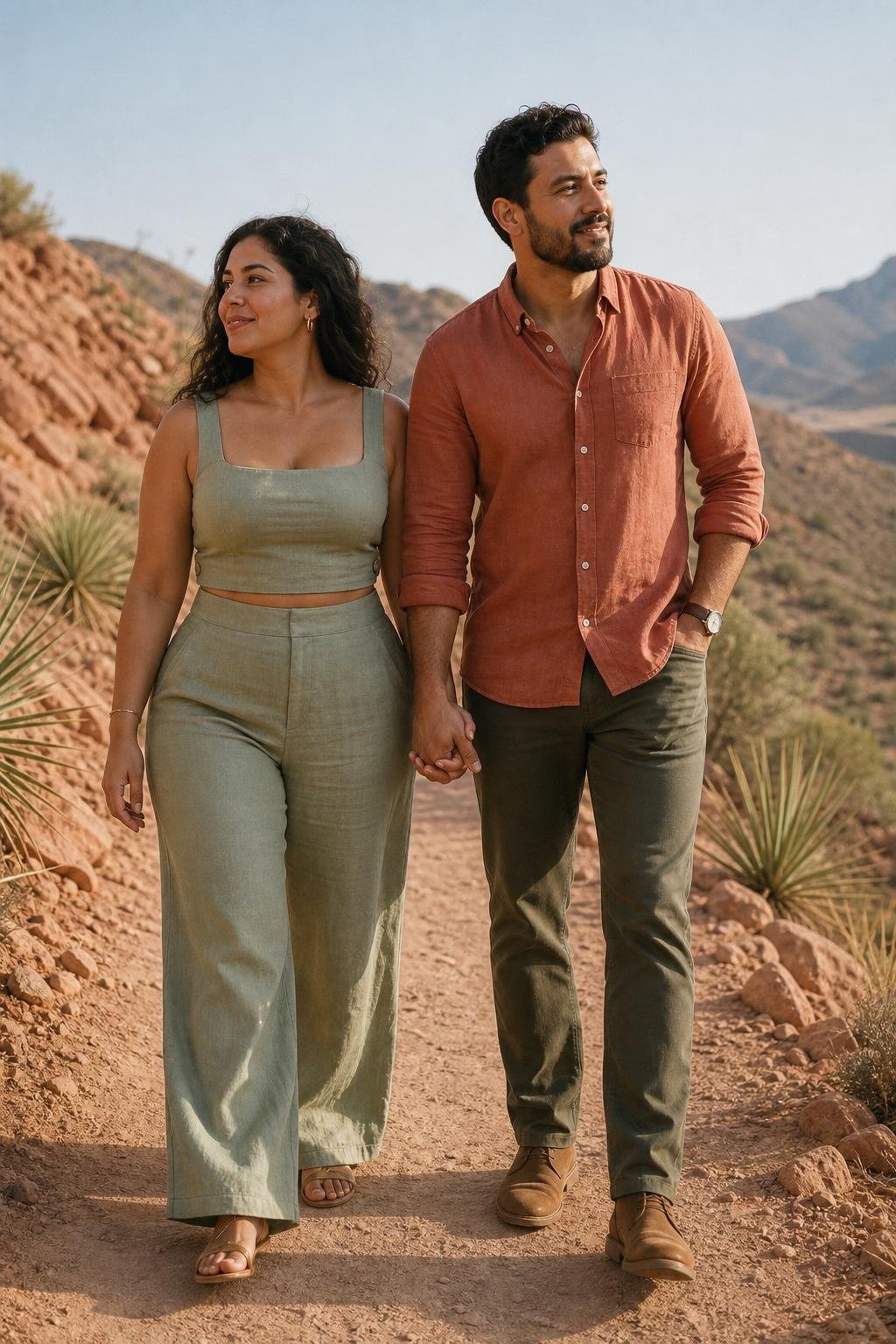 Sage linen two-piece set with terracotta button-down on a sunlit desert trail (option 2)