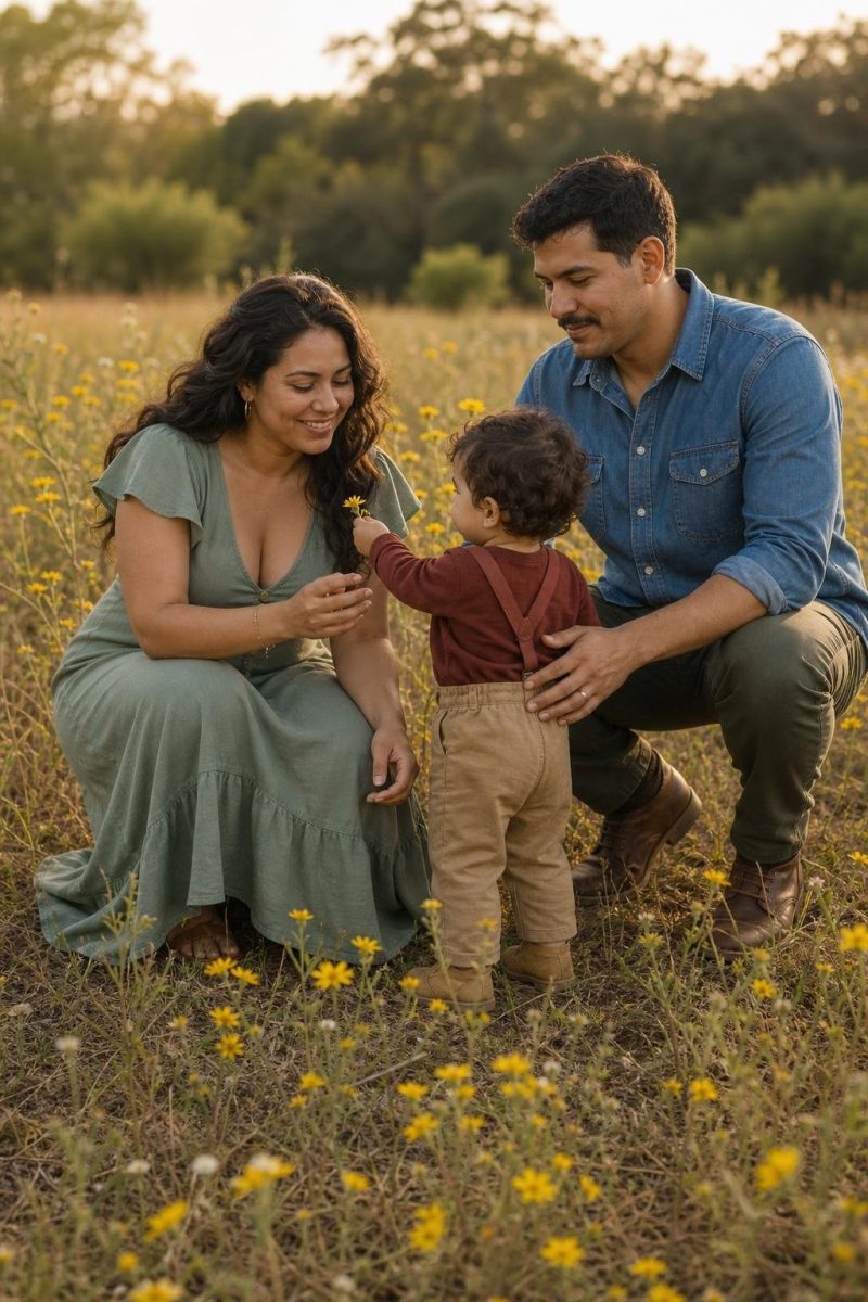 Sage midi dress, medium denim shirt, burgundy suspenders, tan desert boots in a wildflower meadow scene (option 1)