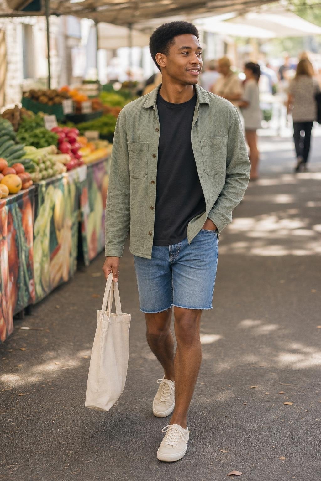 Sage seersucker overshirt, faded black T-shirt, medium denim shorts, canvas sneakers, weekend market stroll (option 2)