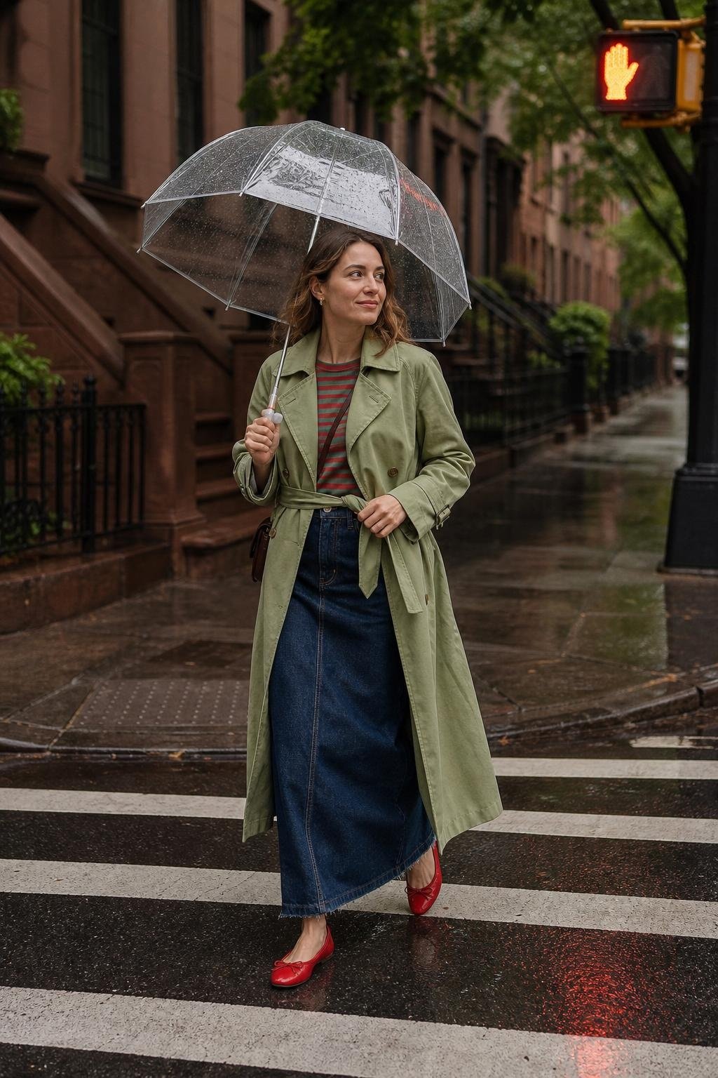 Sage trench coat, indigo denim maxi skirt, striped tee, red flats, rainy city crosswalk (option 2)