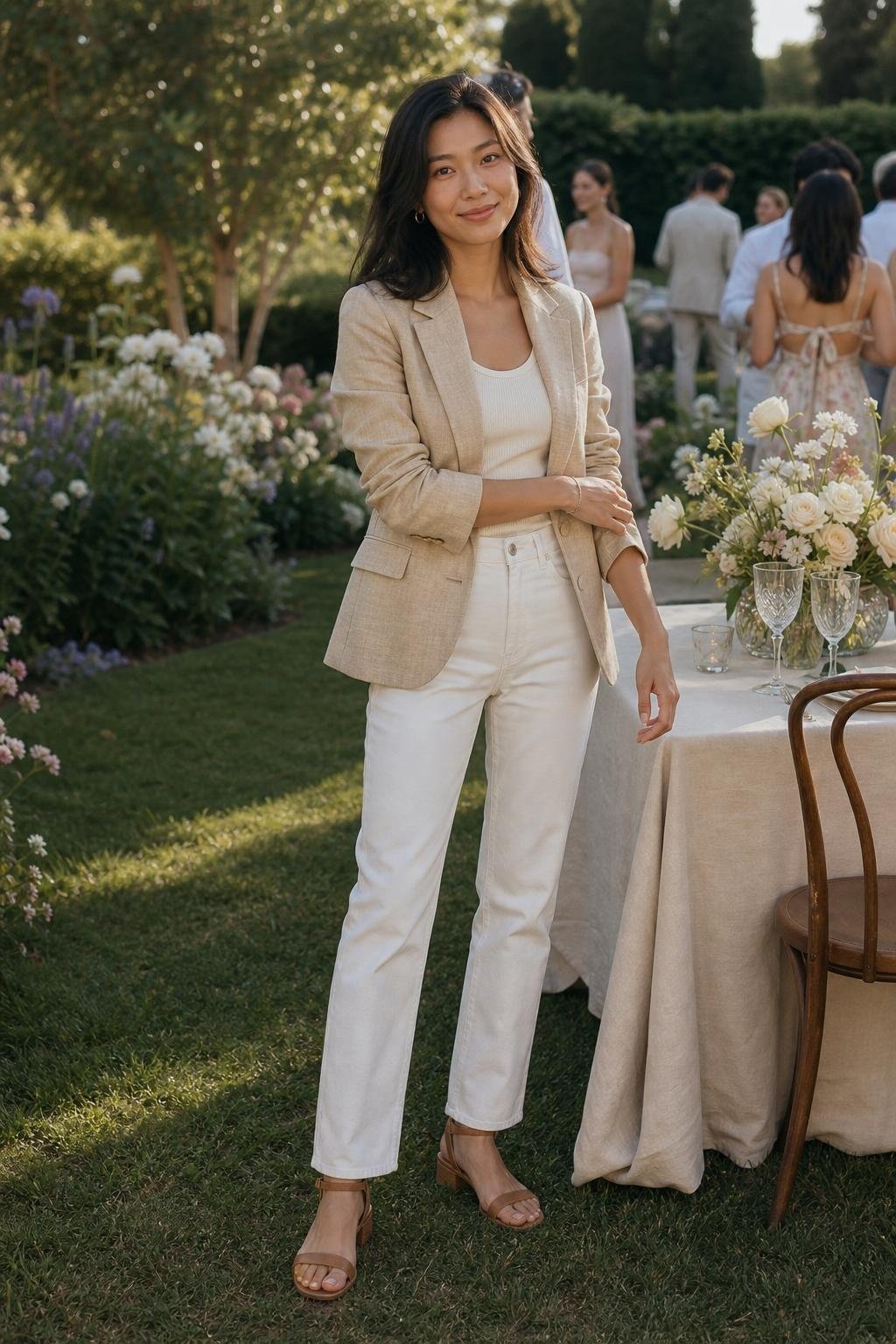 Sand linen blazer, ivory tank, white straight jeans, tan sandals, garden party with relaxed afternoon mood (option 2)