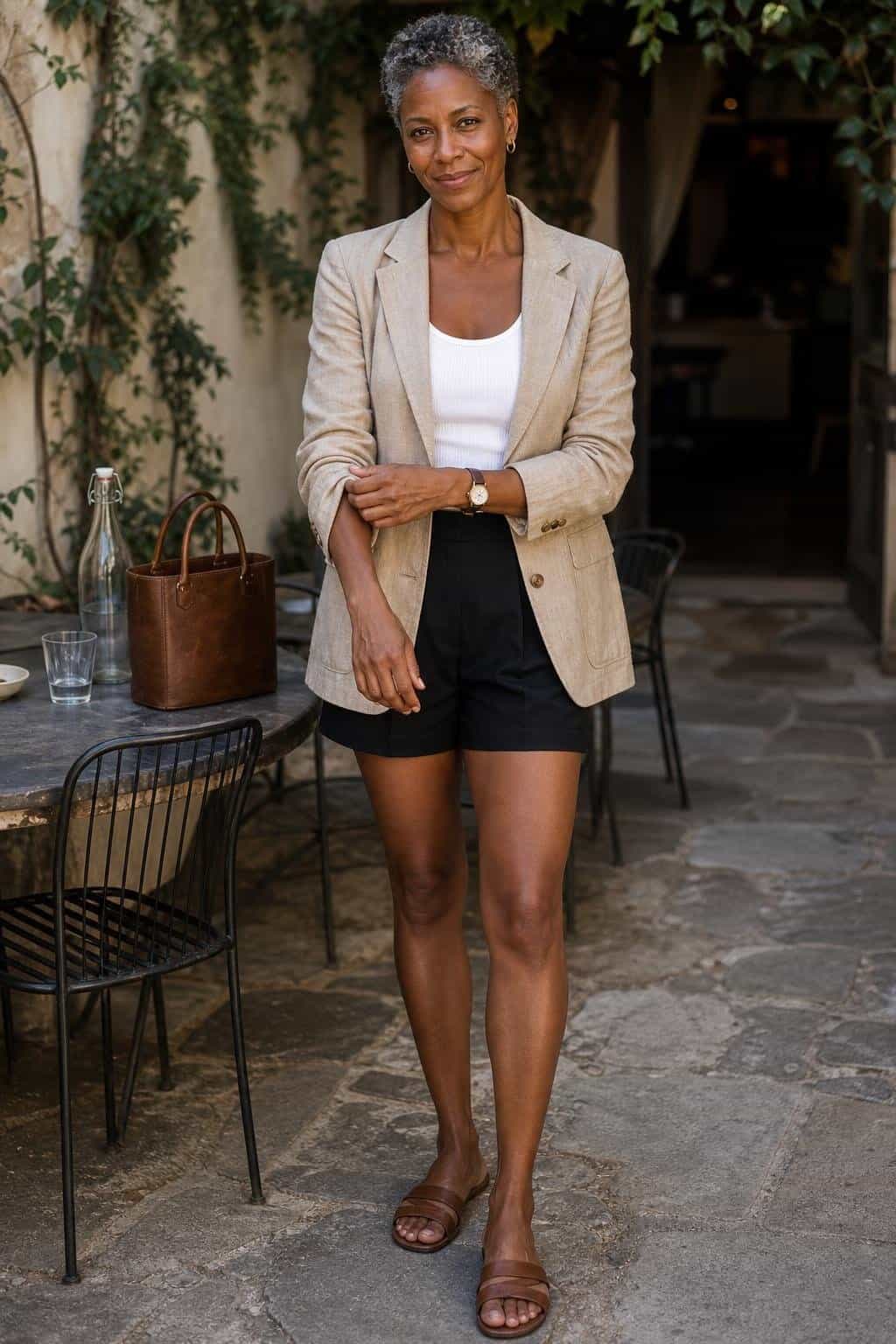 Sand linen blazer, white tank, tailored black shorts, leather sandals, downtown lunch meeting mood (option 2)