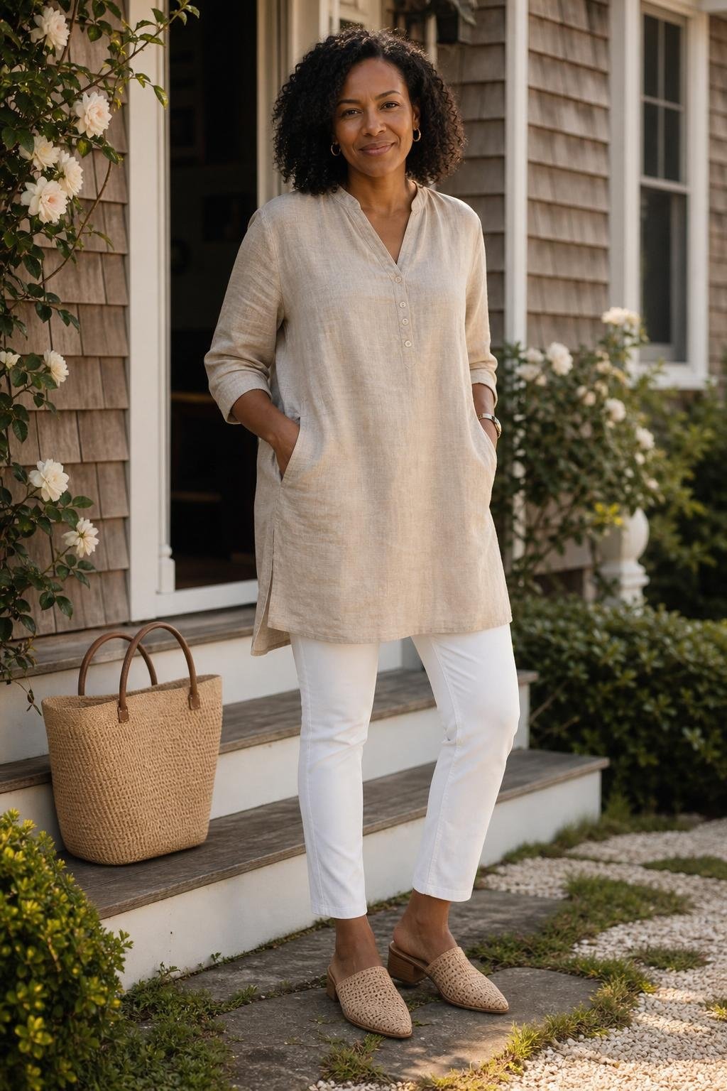 Sand linen tunic, slim white ankle pants, woven mules outside a coastal cottage (option 2)
