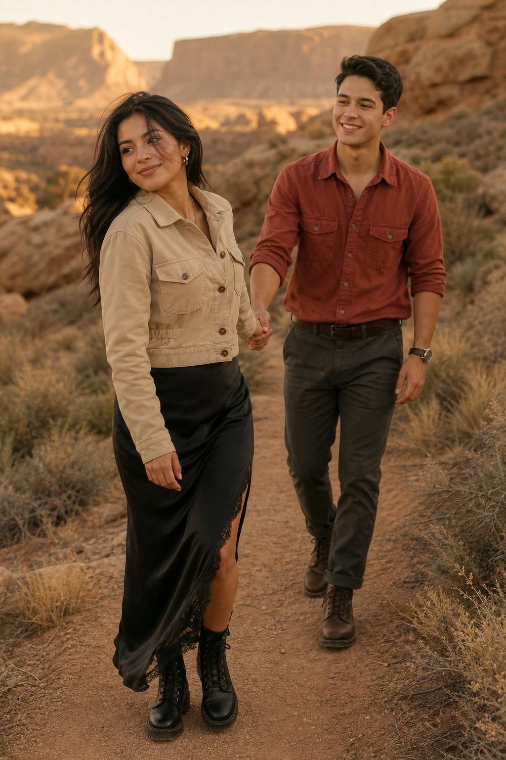 Sand utility jacket with black satin slip skirt and lace-up boots on a desert trail (option 1)