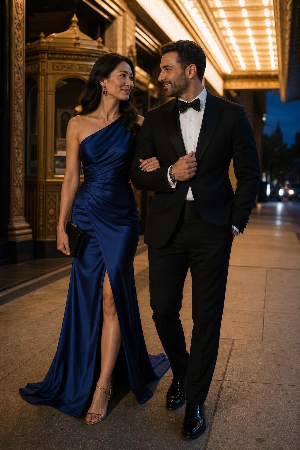 Sapphire blue gown with black tuxedo outside a historic theater marquee (option 1)