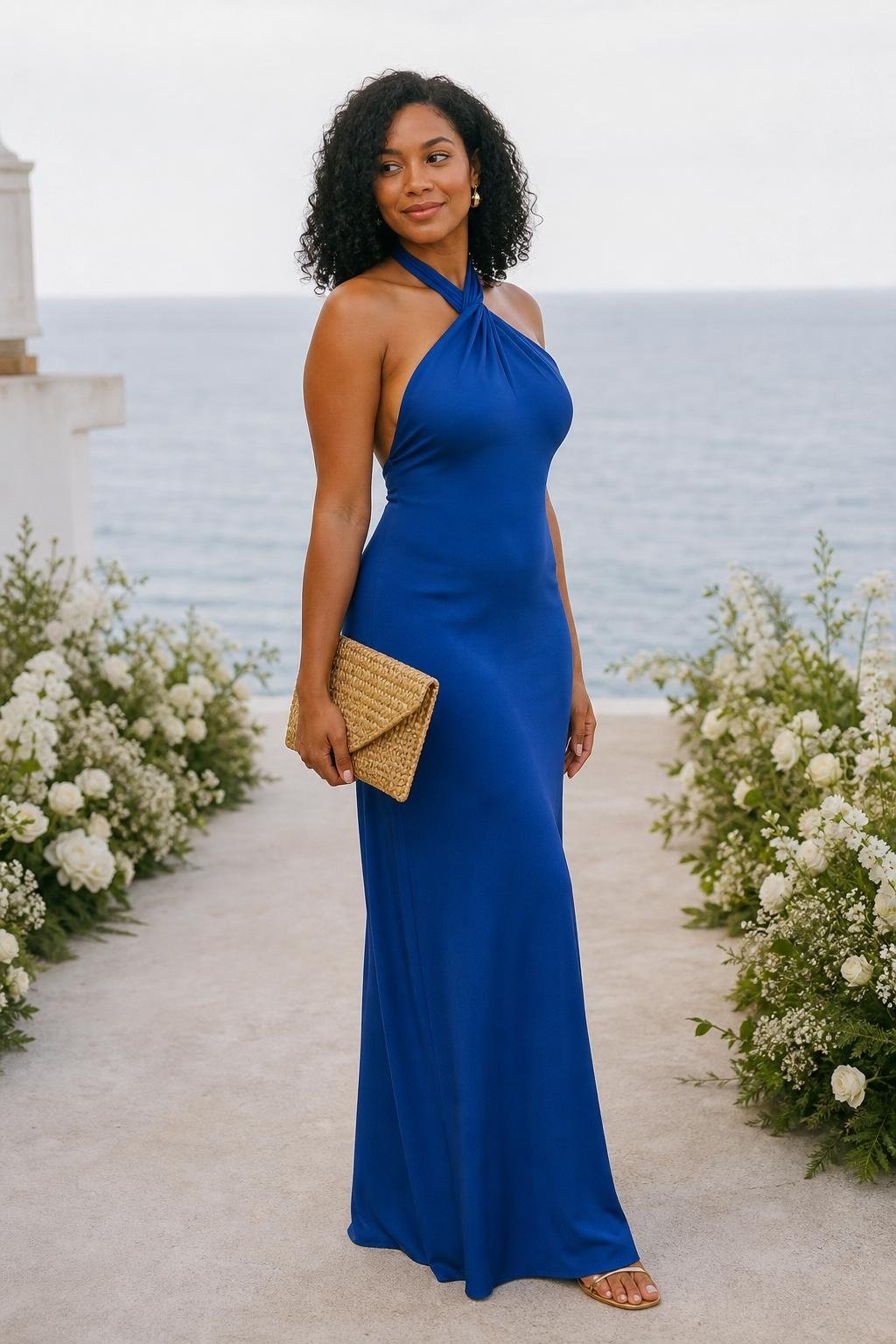 Sapphire blue halter maxi dress with raffia clutch and metallic flat sandals beside an oceanfront aisle (option 2)