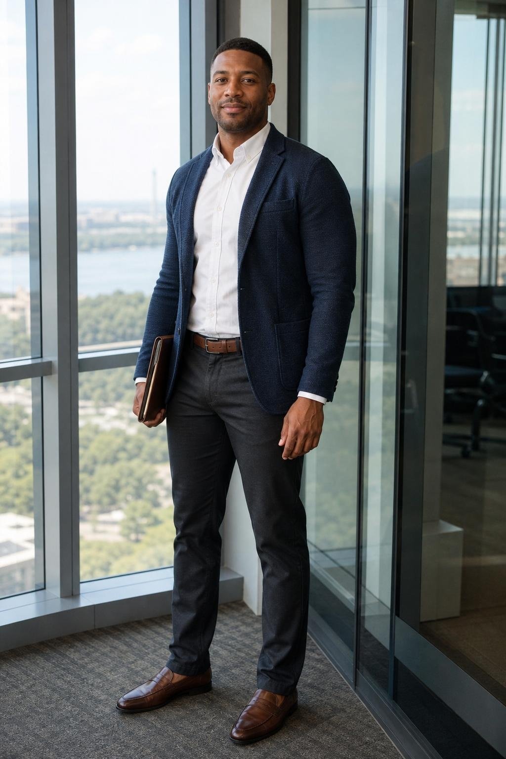 Sapphire knit blazer, charcoal five-pocket pants, white oxford, brown loafers in a glass office (option 1)