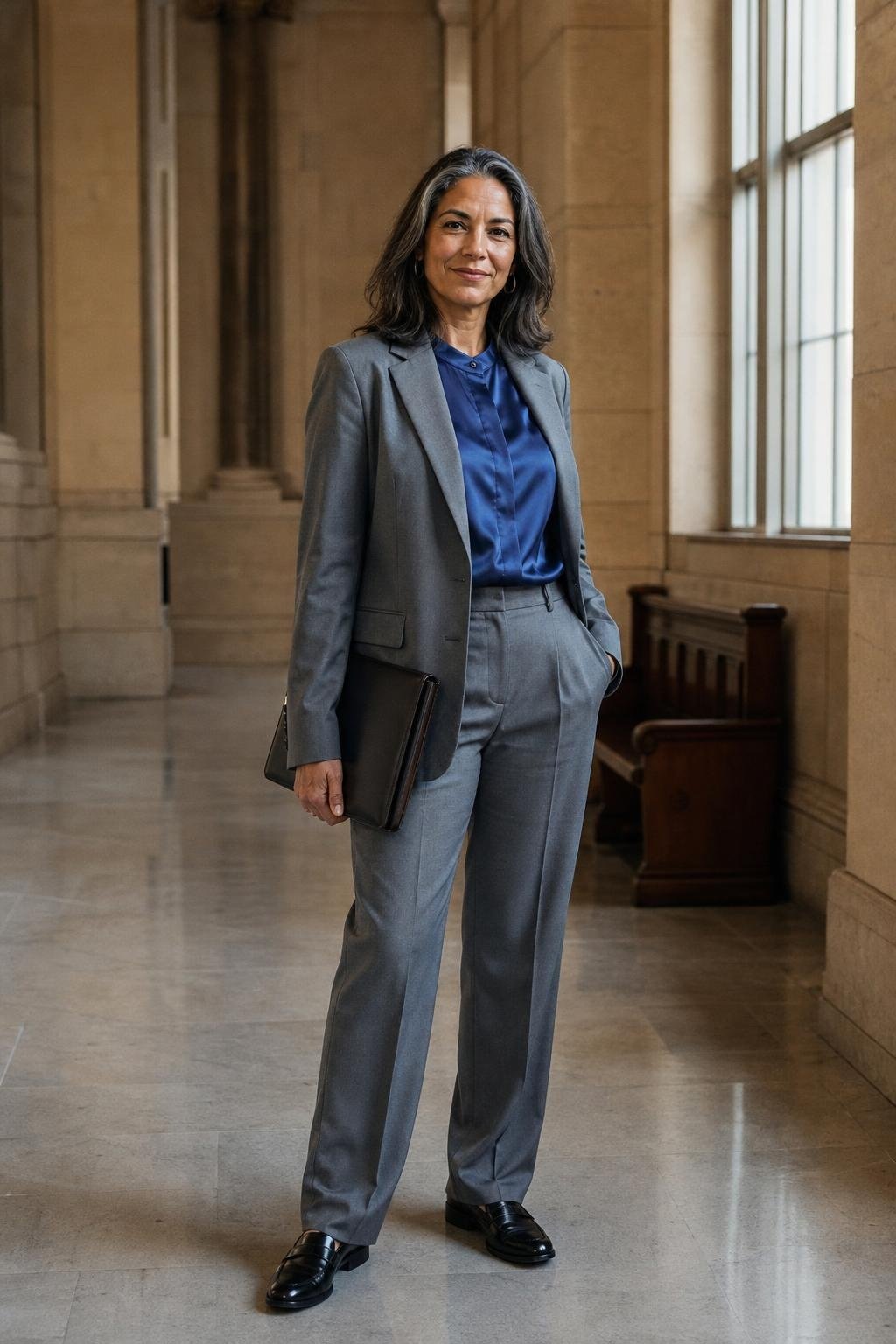 Sapphire satin blouse, medium gray relaxed suit, black loafers, leather portfolio, courthouse hallway (option 1)