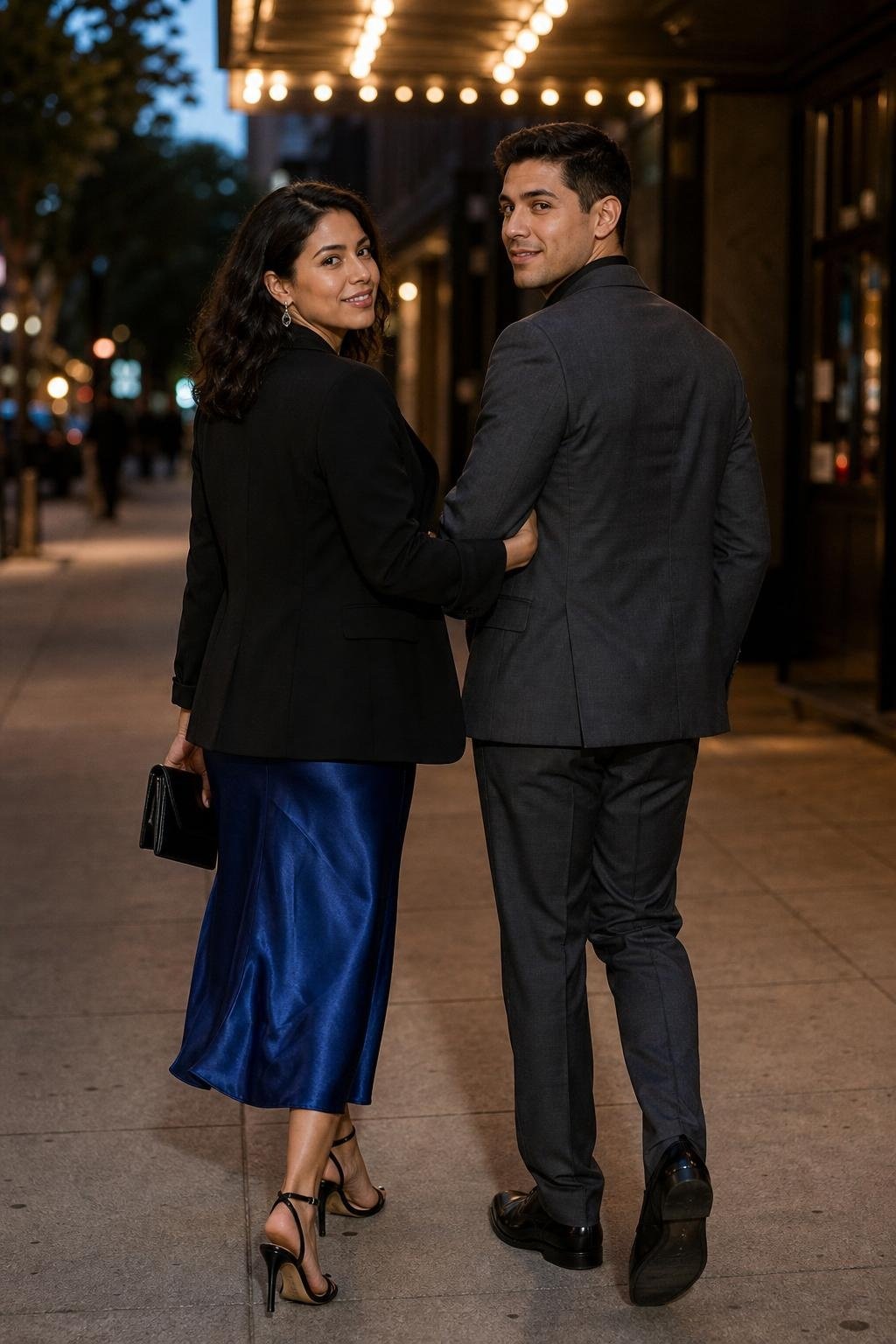 Sapphire slip dress, black tailored blazer, strappy heels, evening sidewalk scene (option 1)