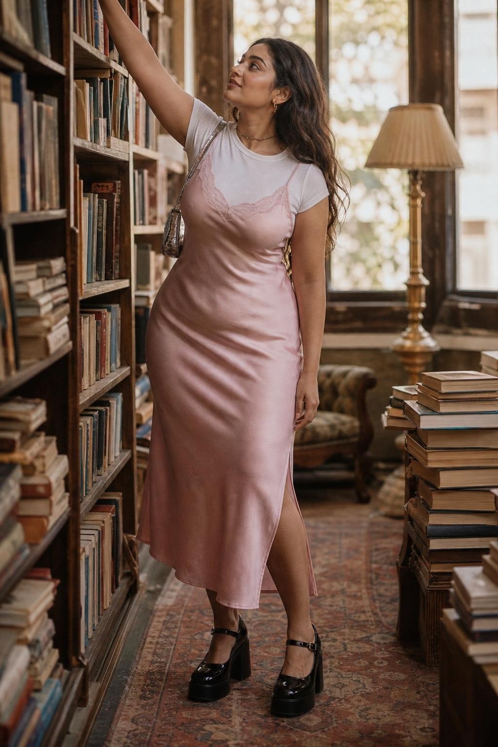 Satin slip dress layered over fitted white tee, platform Mary Janes, mini bag, vintage bookstore afternoon (option 1)