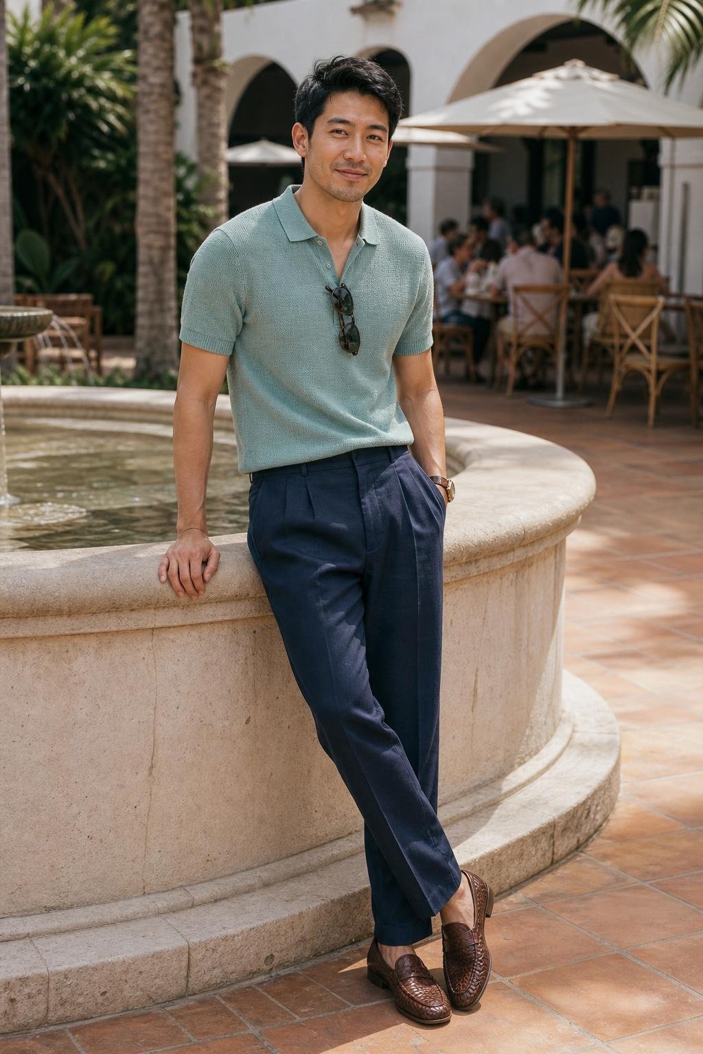 Sea green knit polo, navy linen trousers, brown woven loafers, coastal hotel courtyard lunch (option 2)