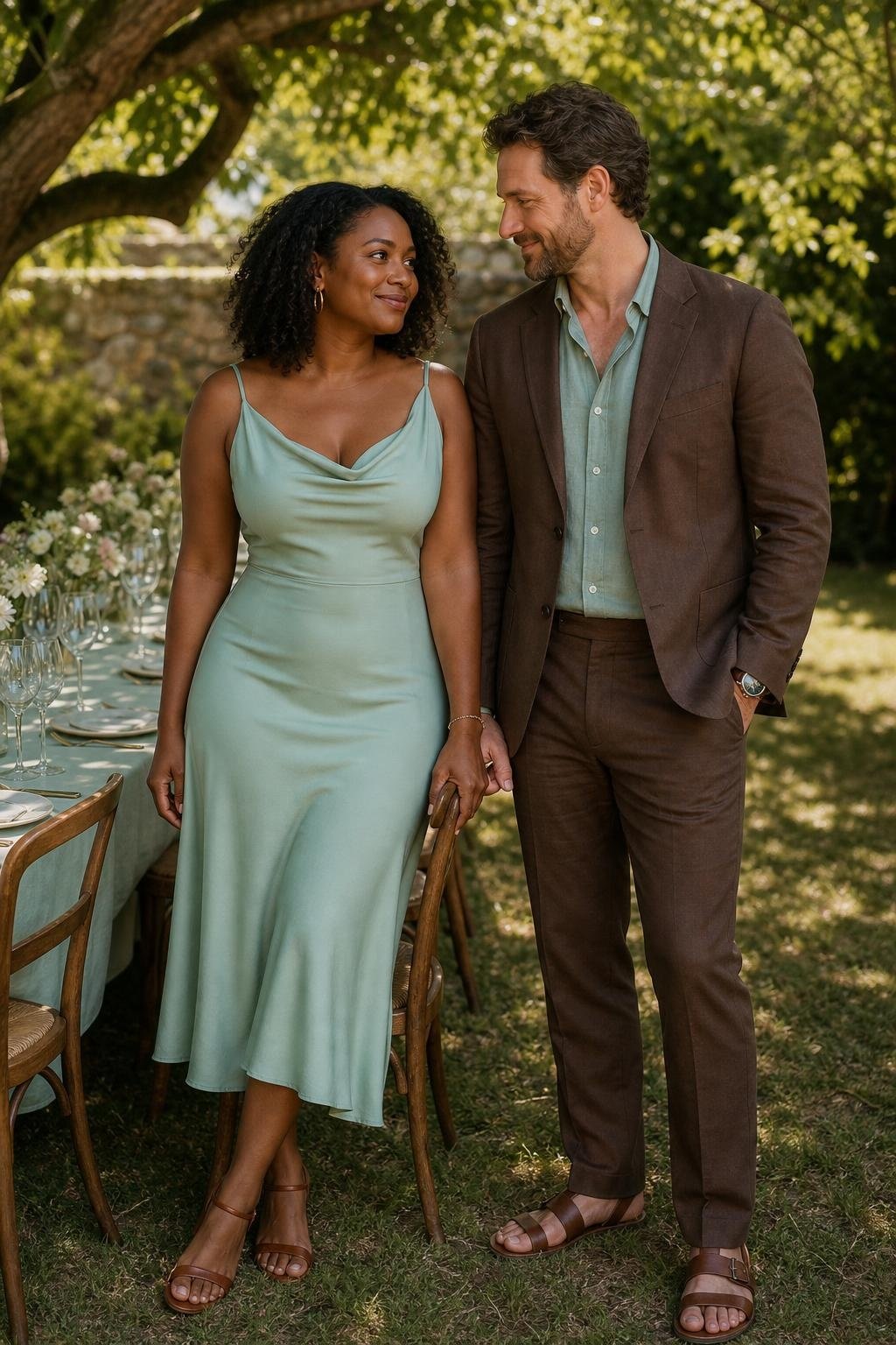 Seafoam midi dress with walnut linen blazer, brown sandals, garden party table mood (option 2)