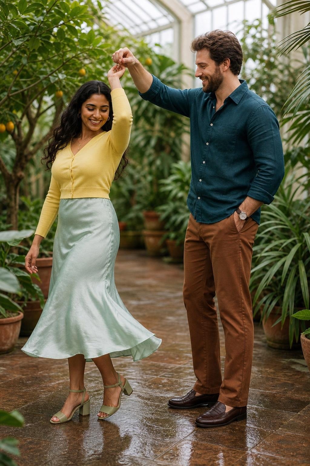 Seafoam midi skirt with lemon cardigan in a bright botanical garden conservatory (option 1)