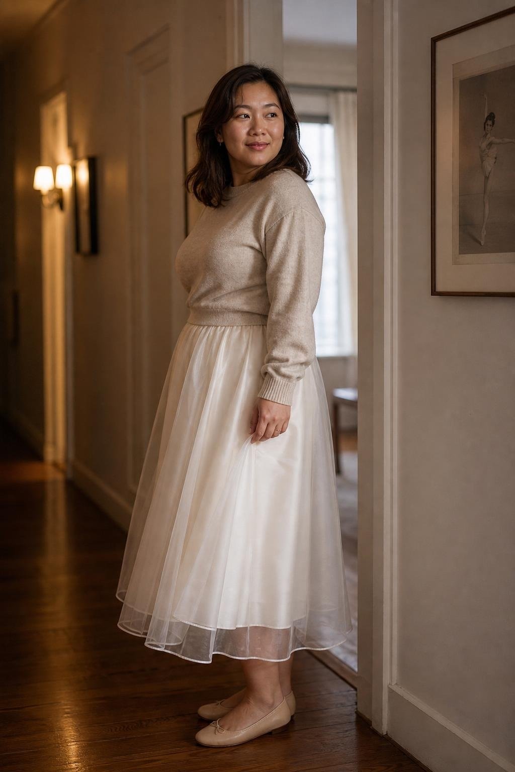sheer ivory skirt over slip, oatmeal sweater, beige ballet flats, quiet evening hallway (option 2)