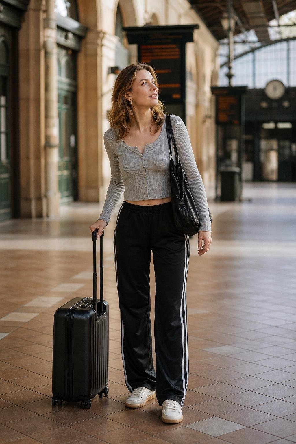 Side-stripe track pants, cropped button cardigan, retro sneakers, nylon tote, casual train station travel (option 1)