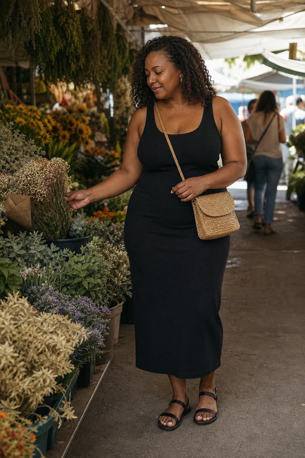 Simple black tank dress, flat black sandals, straw crossbody bag, shaded outdoor market scene (option 2)