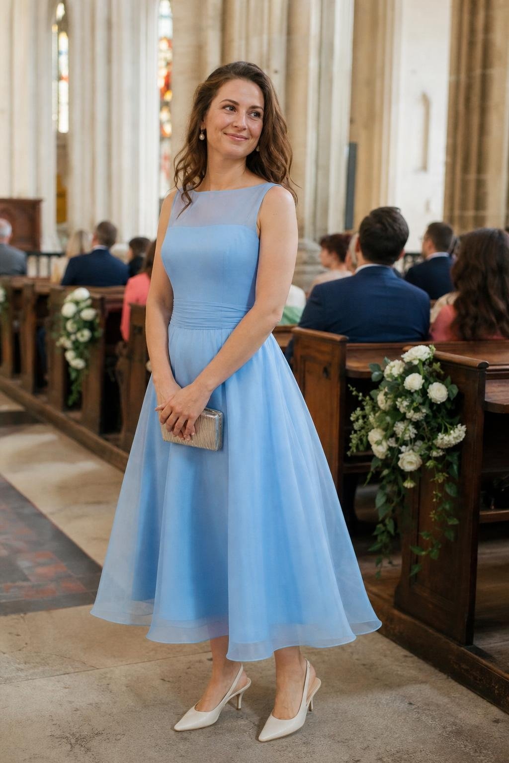 Sky blue A-line organza dress with ivory slingbacks at a formal afternoon church wedding (option 1)