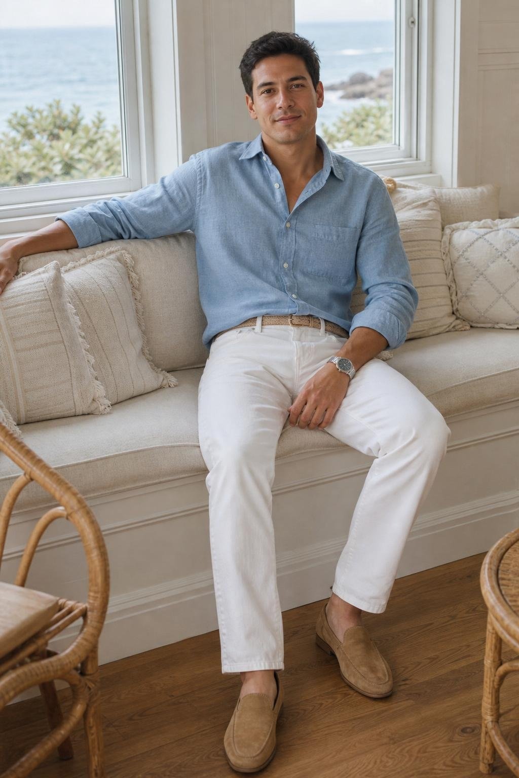 Sky blue chambray shirt, white jeans, tan loafers, airy beach house family portrait (option 2)