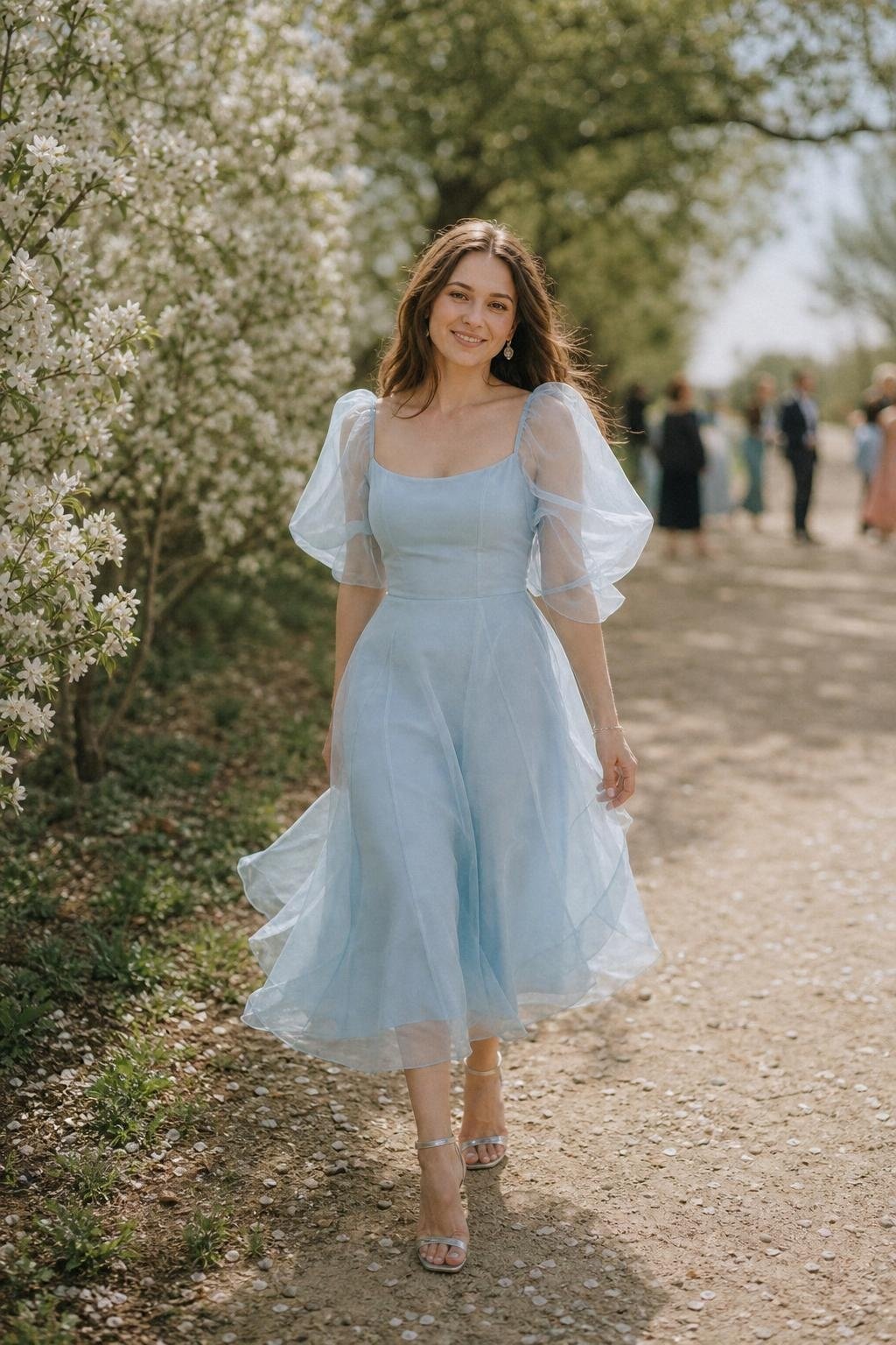 sky blue organza midi dress with silver sandals at a romantic spring wedding (option 2)