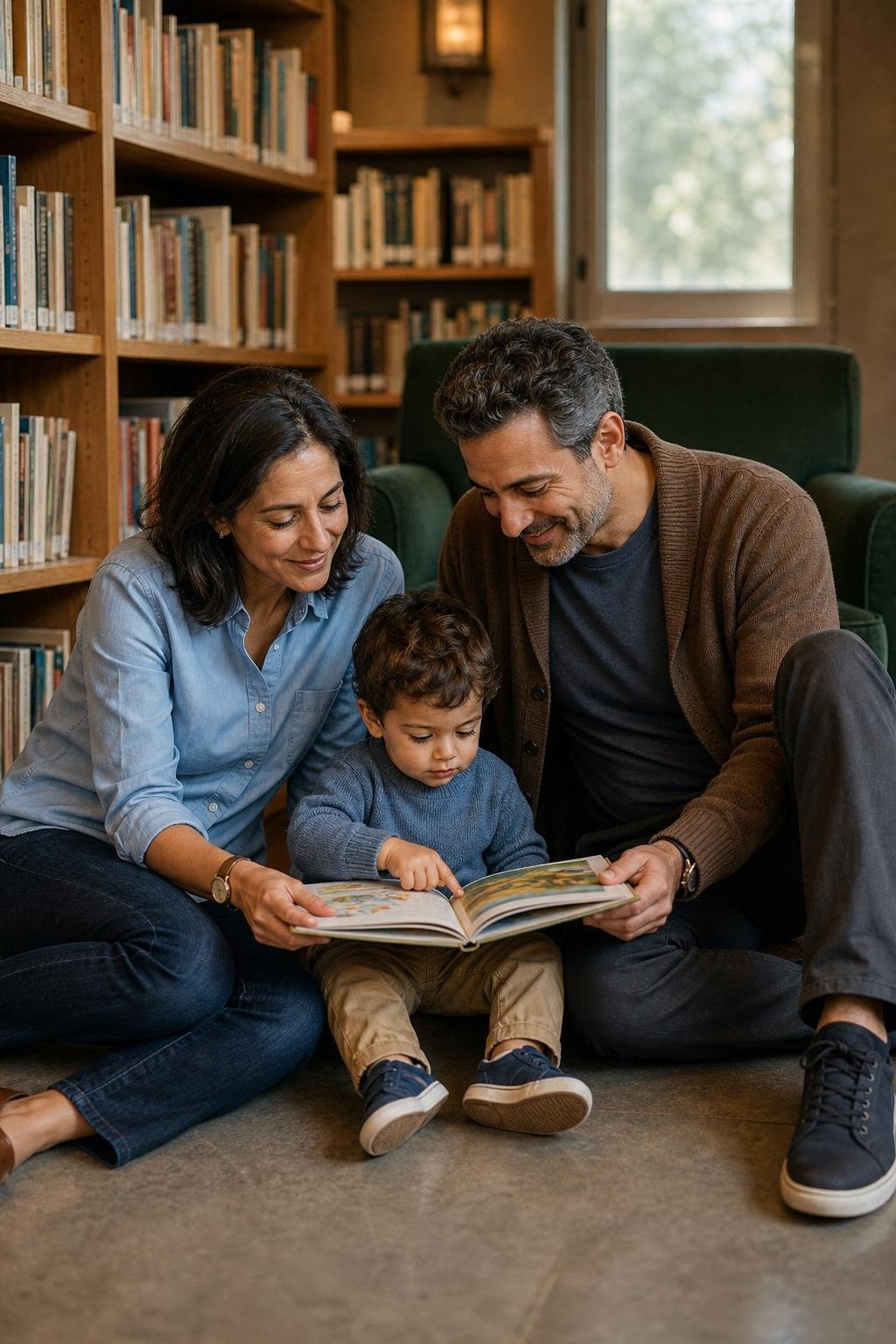 Sky blue oxford shirt, warm brown cardigan, khaki twill pants, navy sneakers in a library reading nook (option 1)