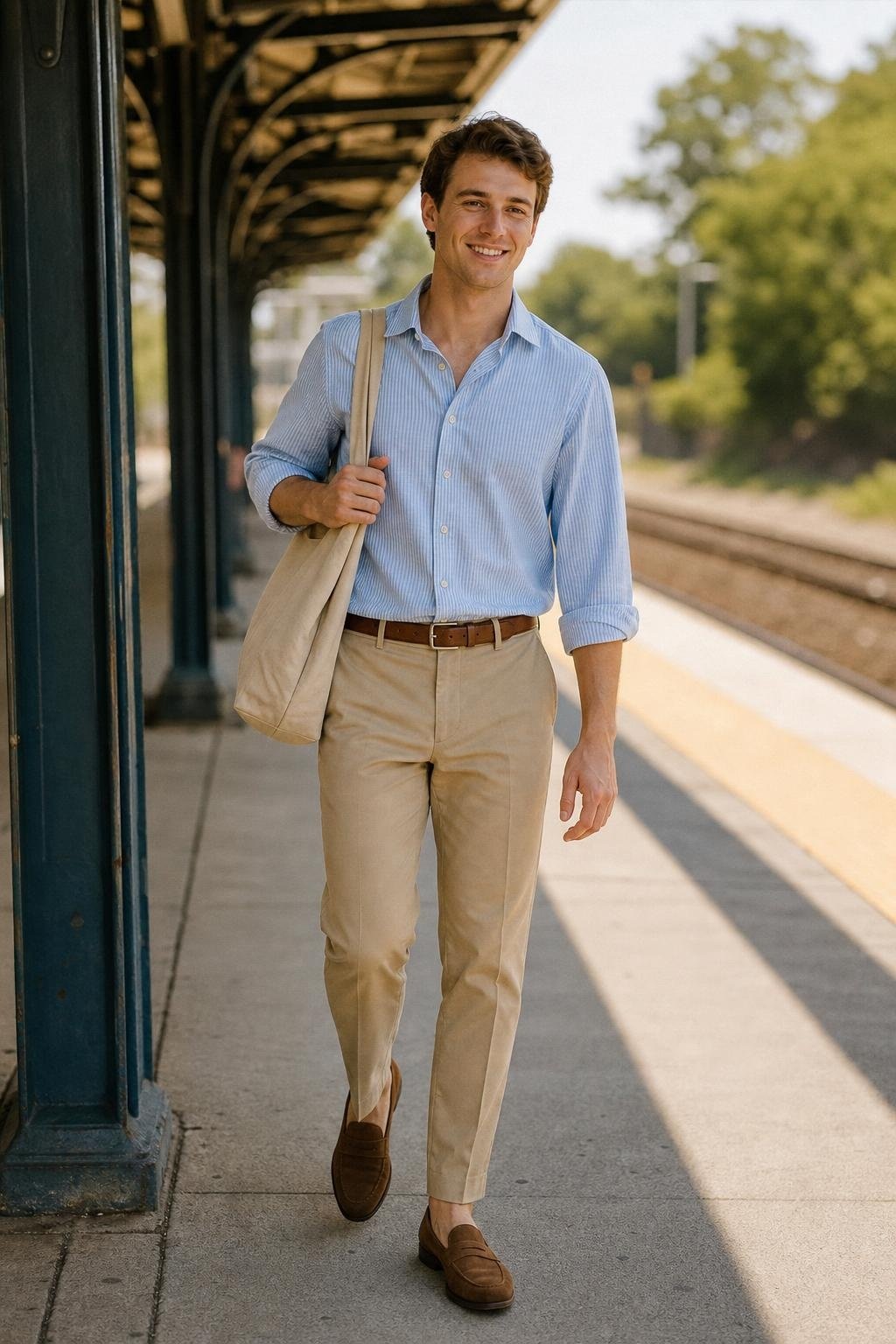 Sky blue seersucker shirt, khaki tailored trousers, brown suede loafers, breezy summer commute platform (option 2)