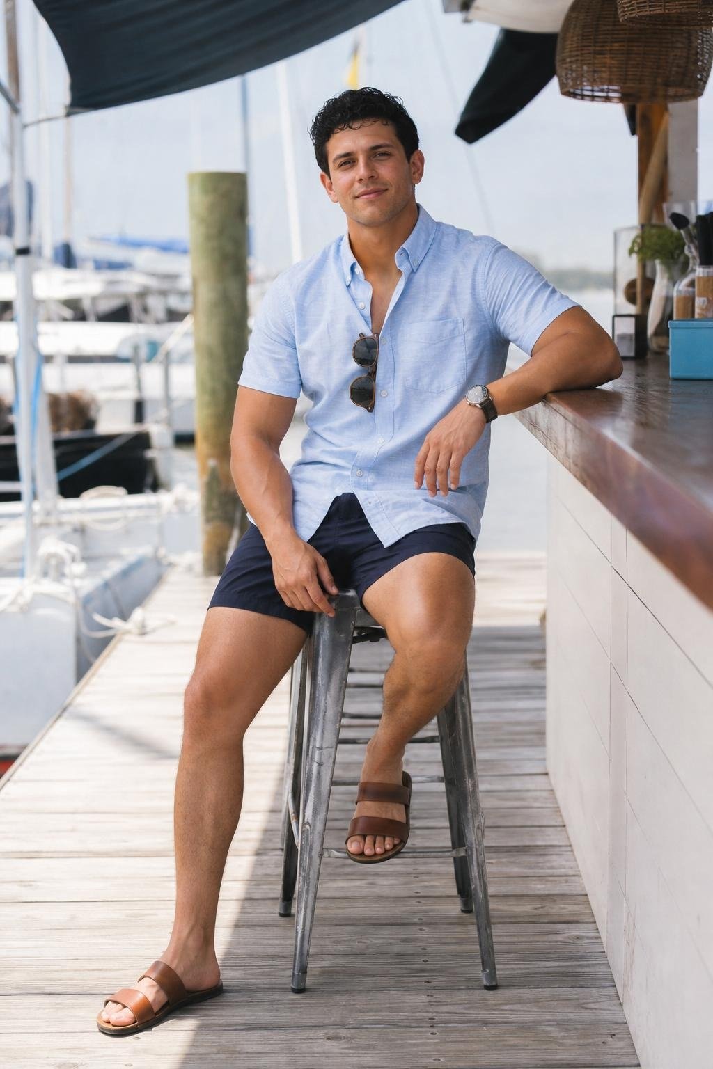 Sky blue short-sleeve oxford shirt, navy swim shorts, brown sandals, marina lunch after the beach (option 2)
