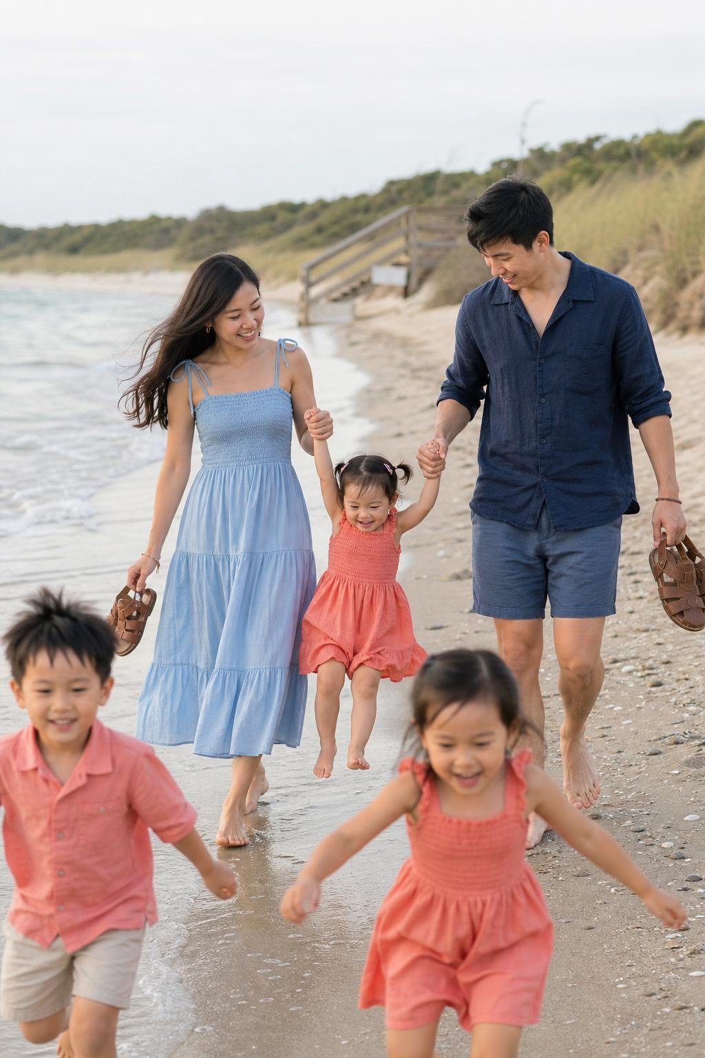Sky blue sundress, navy linen shirt, coral skirt, woven sandals, breezy beach family portrait (option 1)
