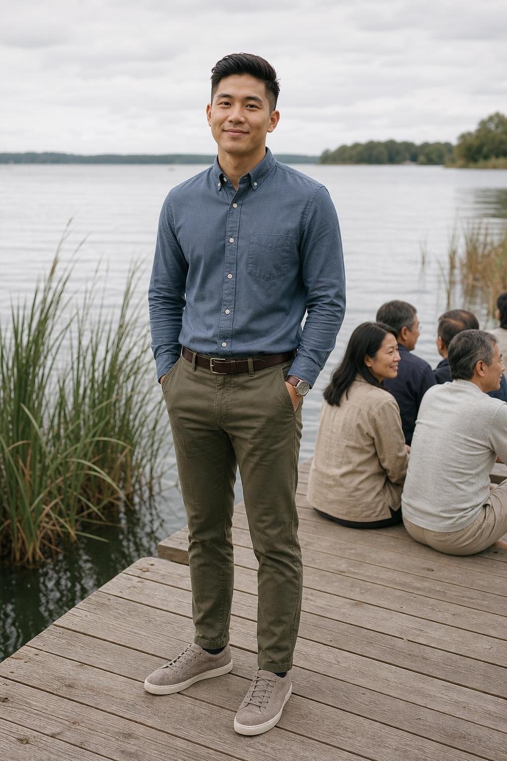 Slate blue button-down shirt, olive chinos, suede sneakers, lakeside family portrait with soft cloudy light (option 2)