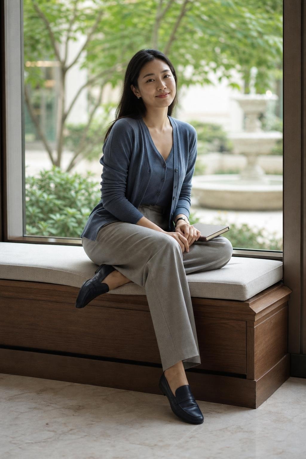 Slate blue cardigan set, soft gray trousers, navy loafers, quiet office window seat (option 2)