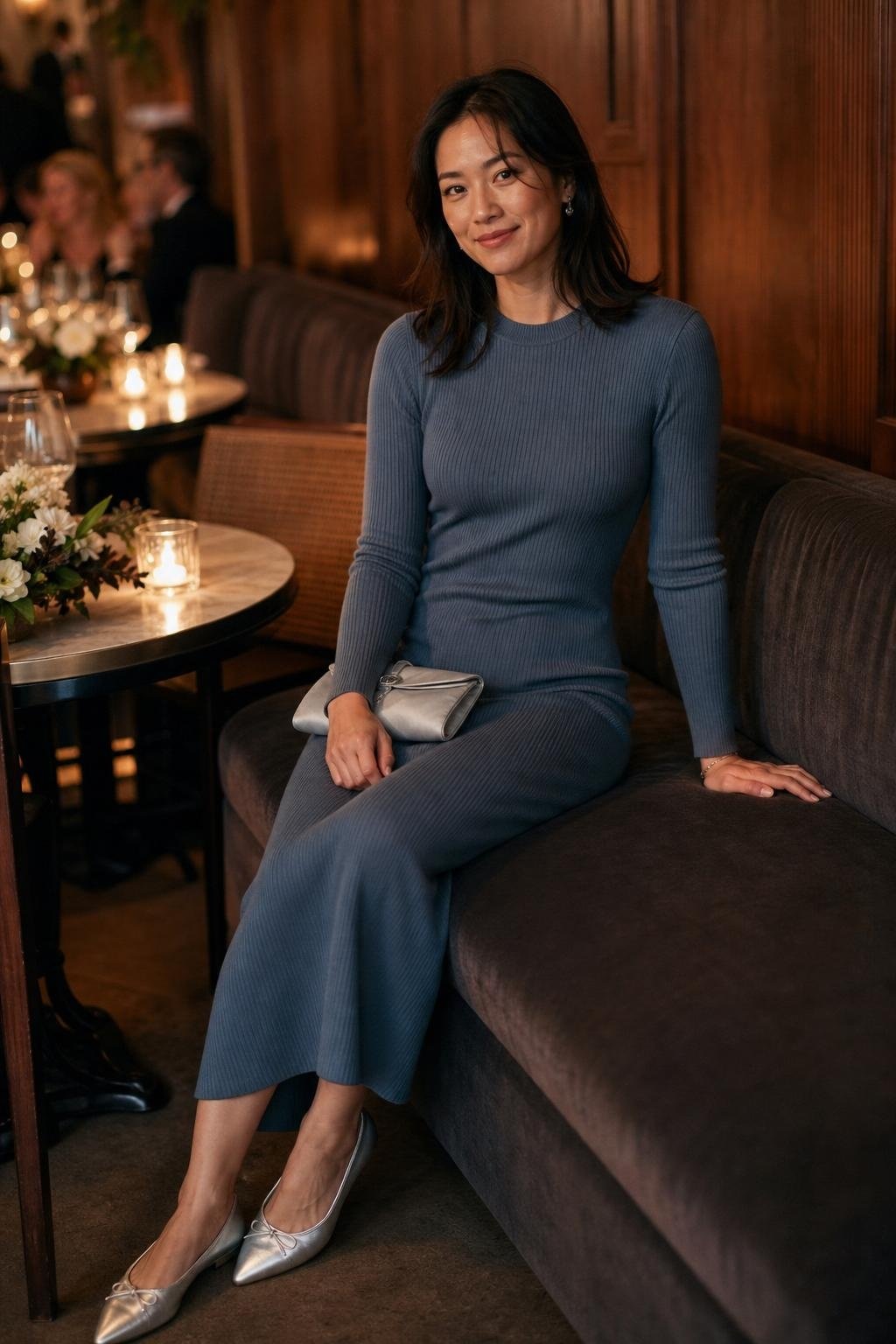 Slate blue fine-knit midi dress with long sleeves, silver flats, intimate winter restaurant wedding (option 2)