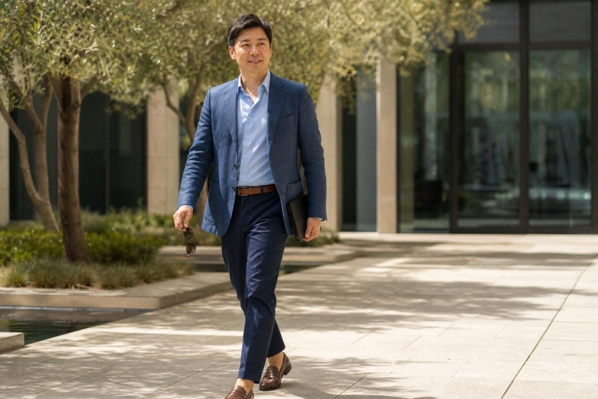 Slate blue linen blazer, pale blue shirt, navy chinos, brown loafers, sunny office courtyard (option 1)