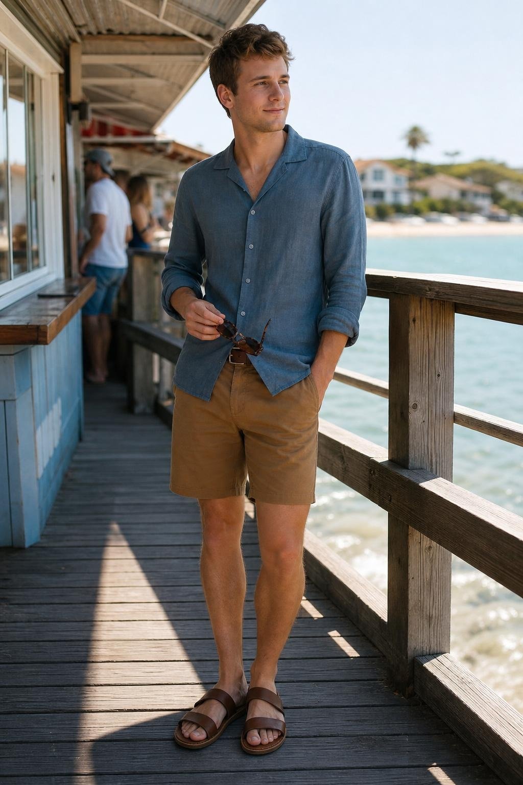 Slate blue linen button-down, tobacco chino shorts, leather sandals, sunny boardwalk lunch scene (option 2)