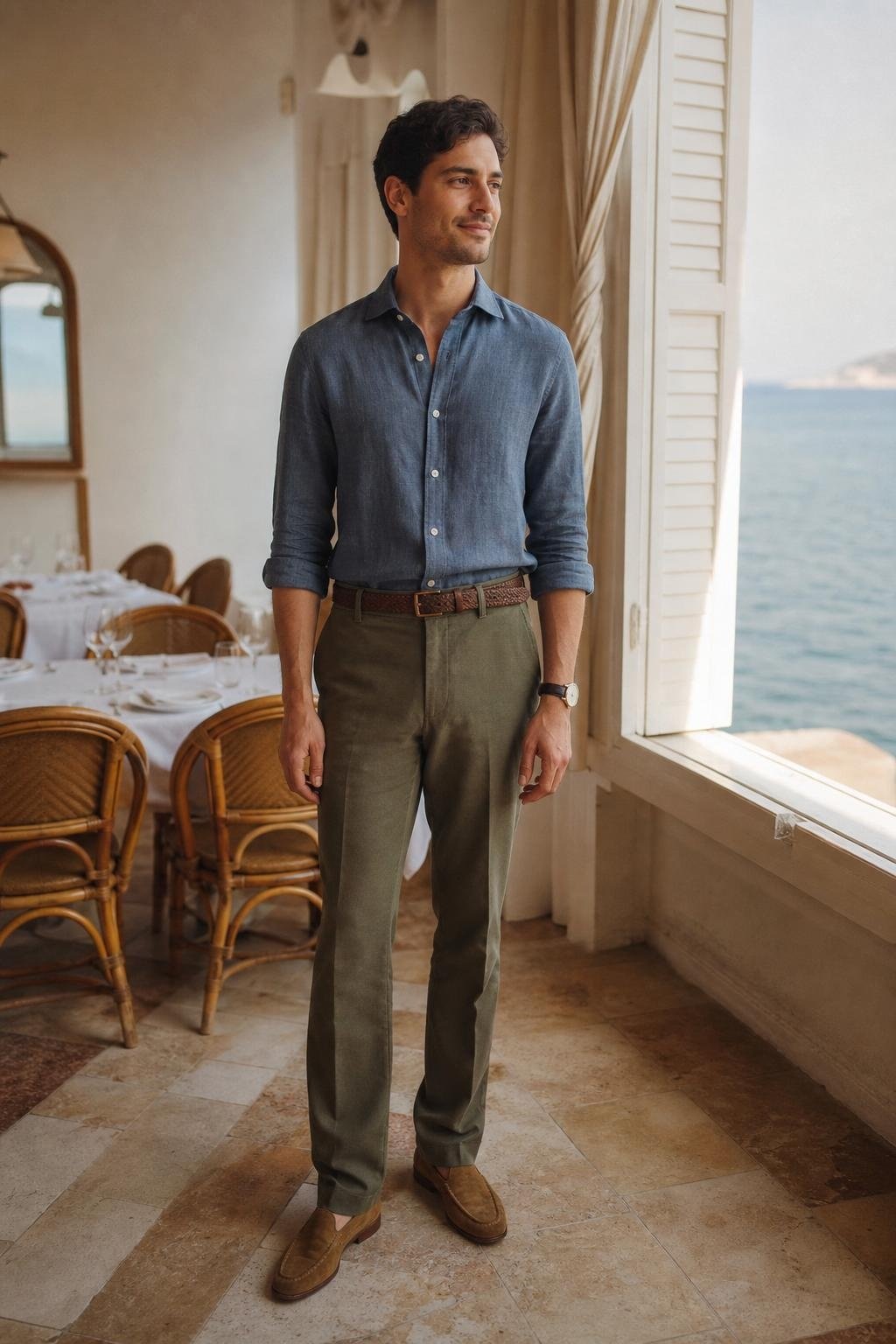 Slate blue linen shirt, olive cotton trousers, woven brown belt, tan suede loafers, seaside restaurant lunch (option 2)