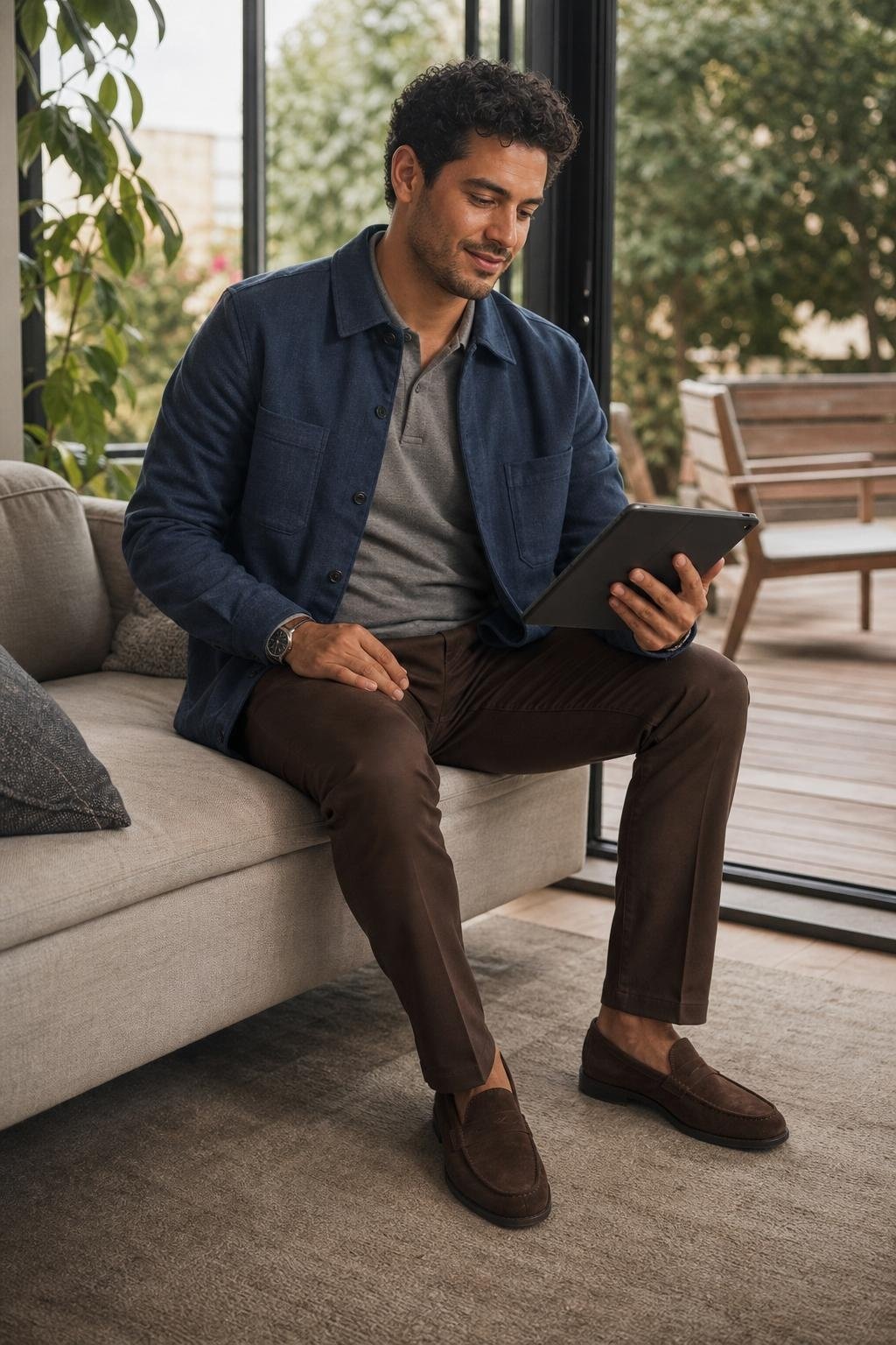 Slate blue overshirt, chocolate chinos, gray knit polo, suede loafers in a relaxed office lounge (option 2)