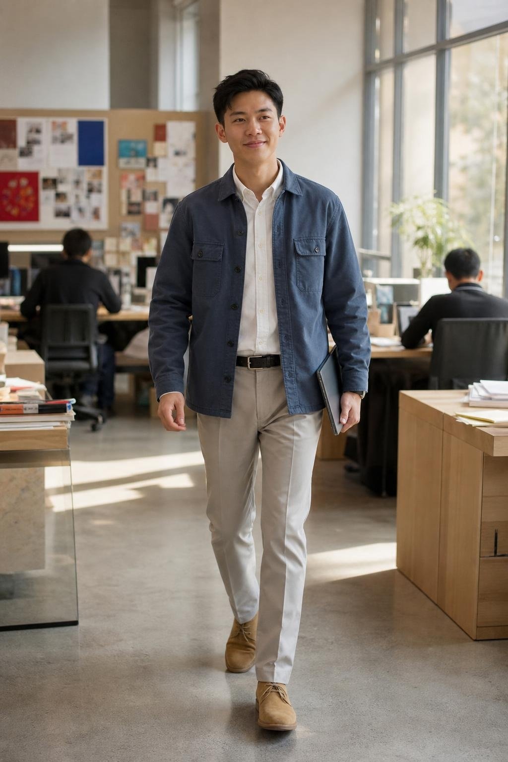 Slate blue overshirt, stone chinos, white Oxford shirt, tan suede desert boots, bright coworking space (option 2)