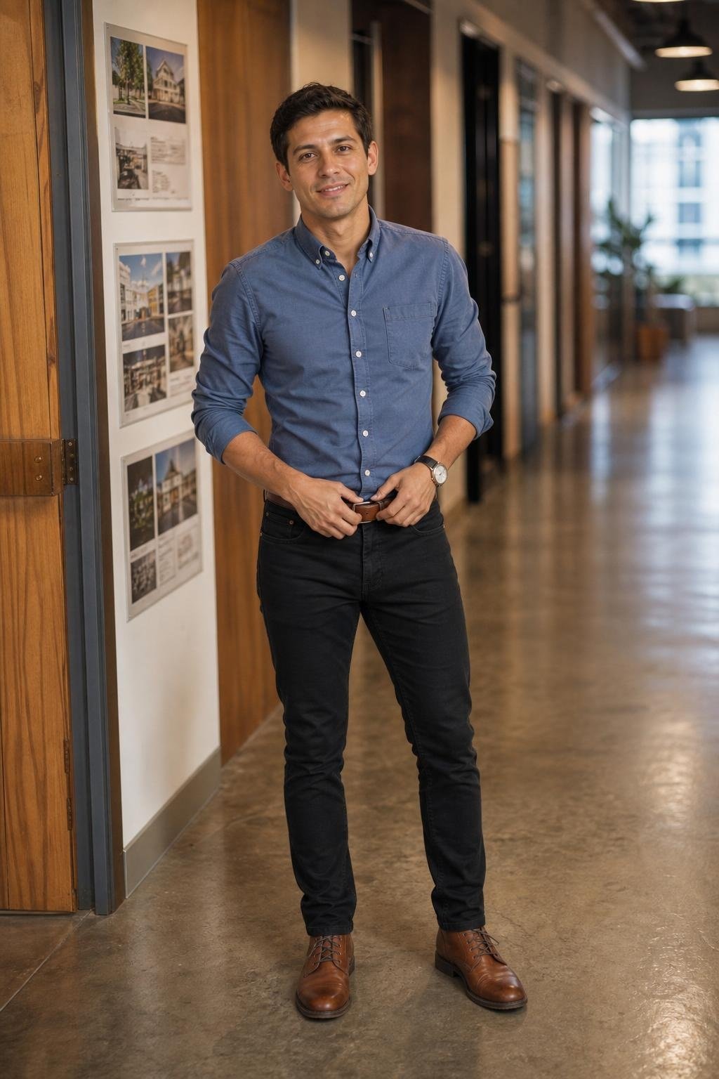 Slate blue Oxford shirt, black slim jeans, cognac belt, brown leather boots, casual office hallway (option 1)