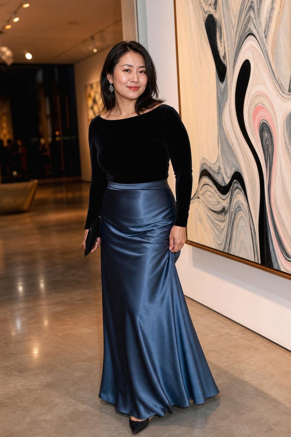 Slate blue satin maxi skirt, black velvet evening top, crystal earrings, museum gala wedding (option 1)