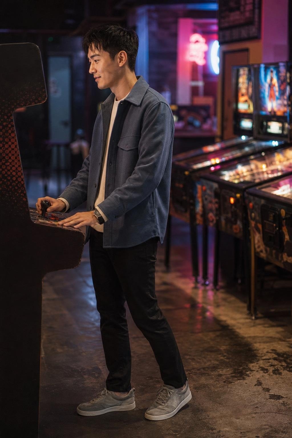Slate blue shacket, oatmeal thermal, black chinos, gray sneakers, laid-back arcade bar date night (option 1)