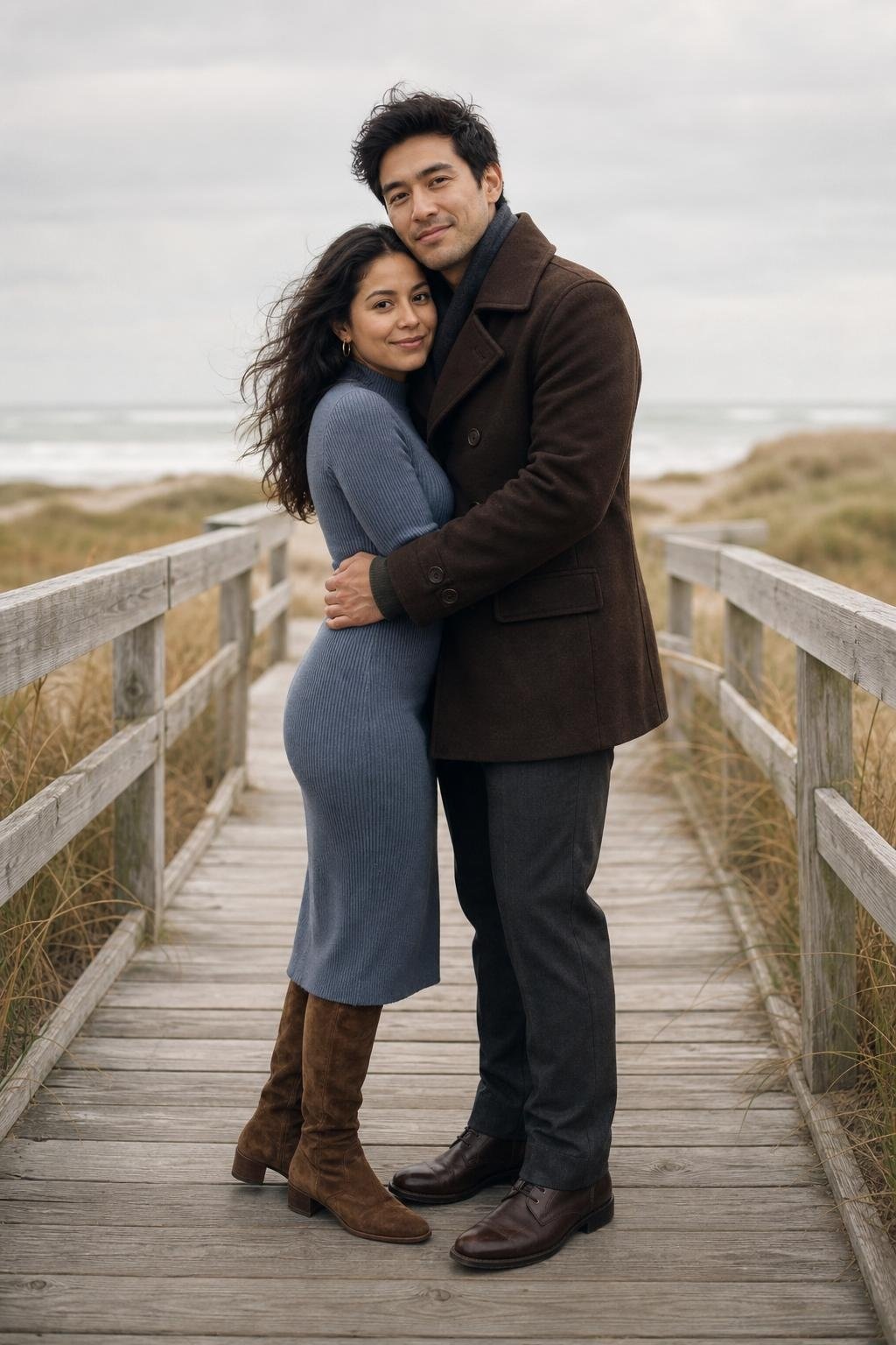 Slate blue sweater dress with brown knee boots along a windswept beach walkway (option 2)