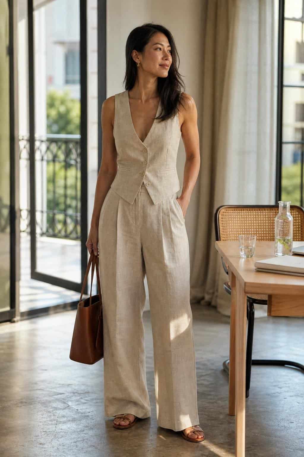 Sleeveless beige linen vest, matching relaxed trousers, minimal sandals, structured tote, warm-weather office scene (option 2)