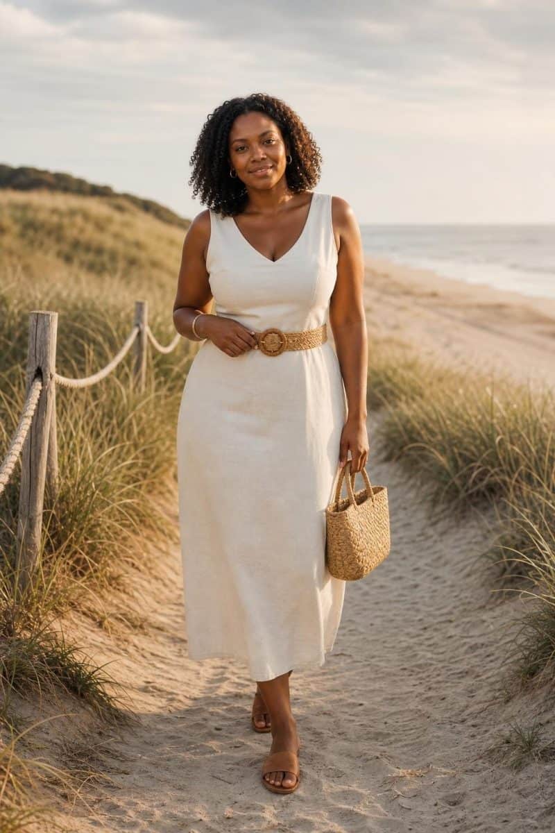 Sleeveless ivory linen dress, raffia belt, tan slides among dunes and beach grass (option 1)